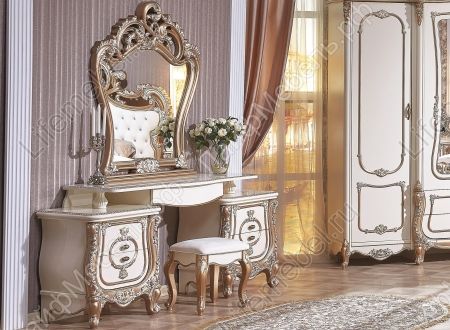 Туалетный столик Орнелла с зеркалом и пуфом шампань 