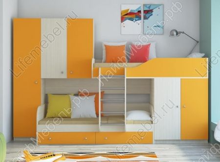 Детская кровать Лео дуб молочный / оранжевый 