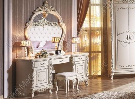 Туалетный столик Версаль с зеркалом и пуфом крем / велюр молочный 